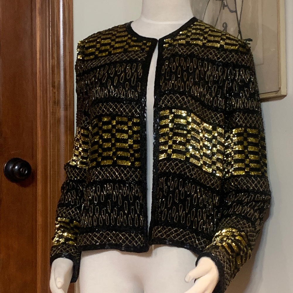 ADRIANNA PAPELL EVENING 90’s BEADED AND SEQUINNED ART DECO STYLE COVER UP